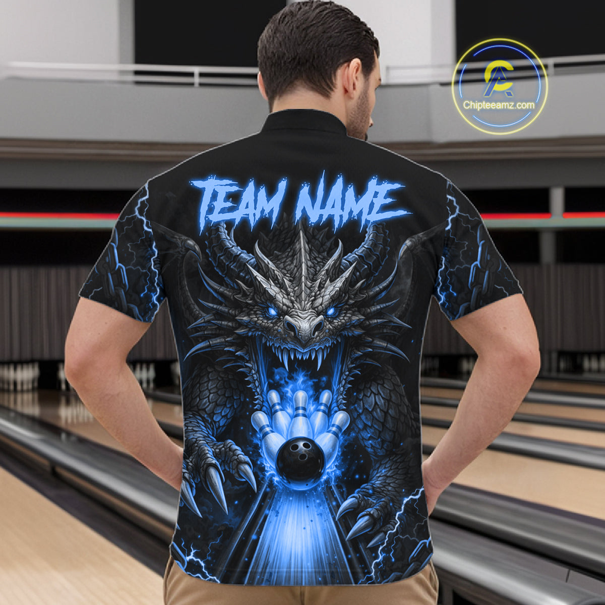 Personalized Dragon Bowling Jersey Custom Blue Flame Bowling Team Shirt Polo & 1/4 Zip