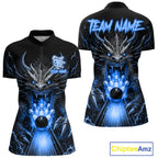 Personalized Dragon Bowling Jersey Custom Blue Flame Bowling Team Shirt Polo & 1/4 Zip