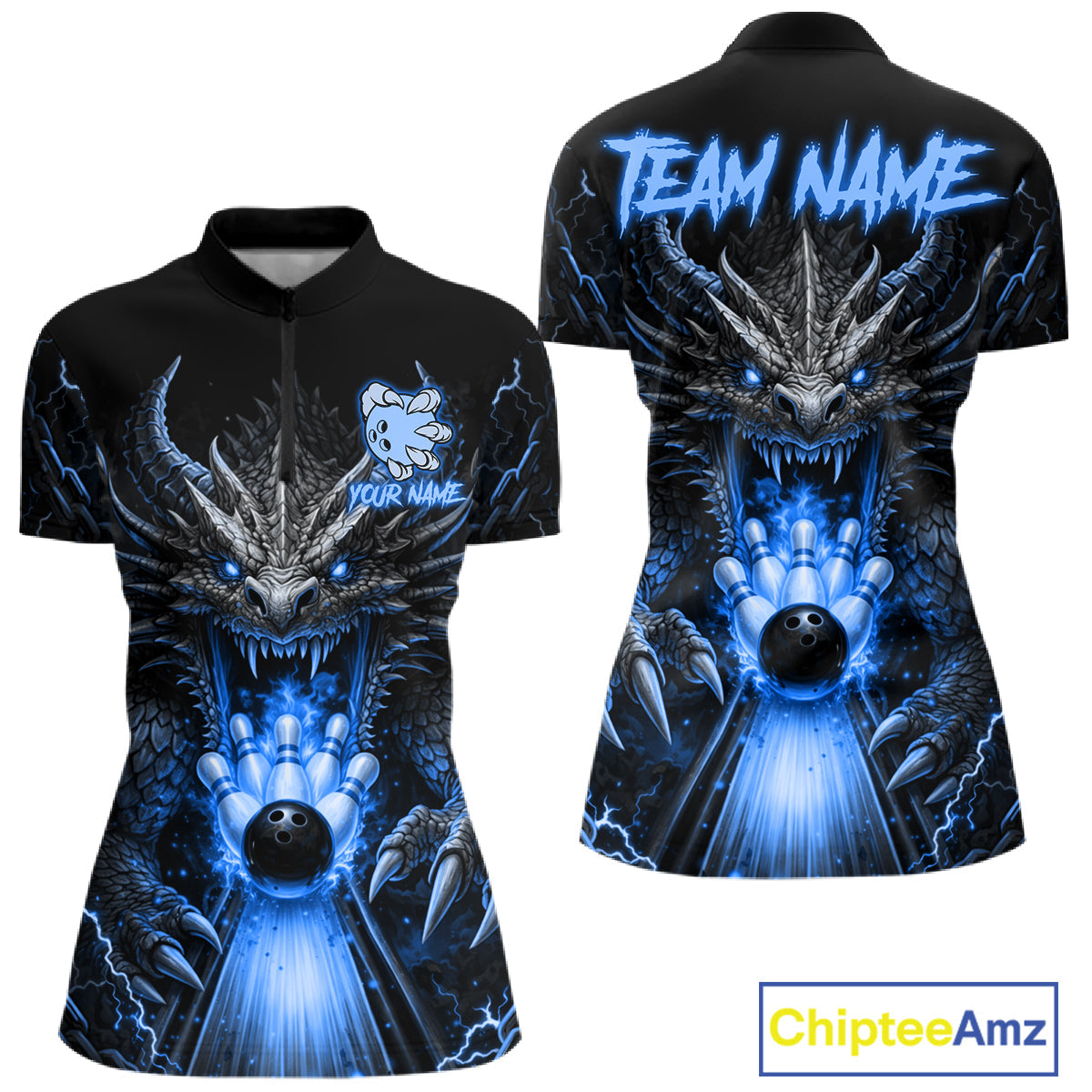Personalized Dragon Bowling Jersey Custom Blue Flame Bowling Team Shirt Polo & 1/4 Zip