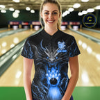 Personalized Dragon Bowling Jersey Custom Blue Flame Bowling Team Shirt Polo & 1/4 Zip