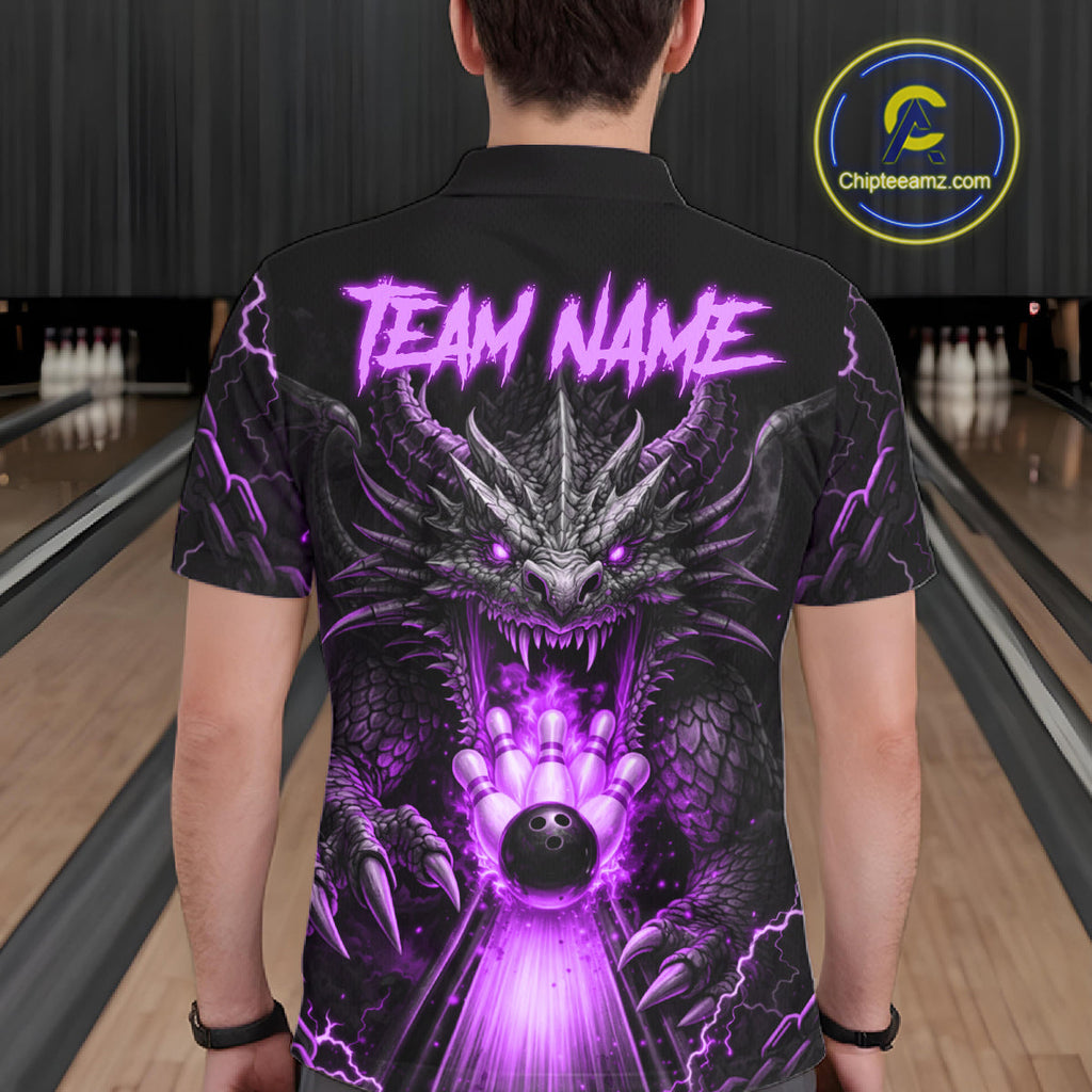 Personalized Dragon Bowling Jersey Custom Purple Flame Bowling Team Shirt Polo & 1/4 Zip