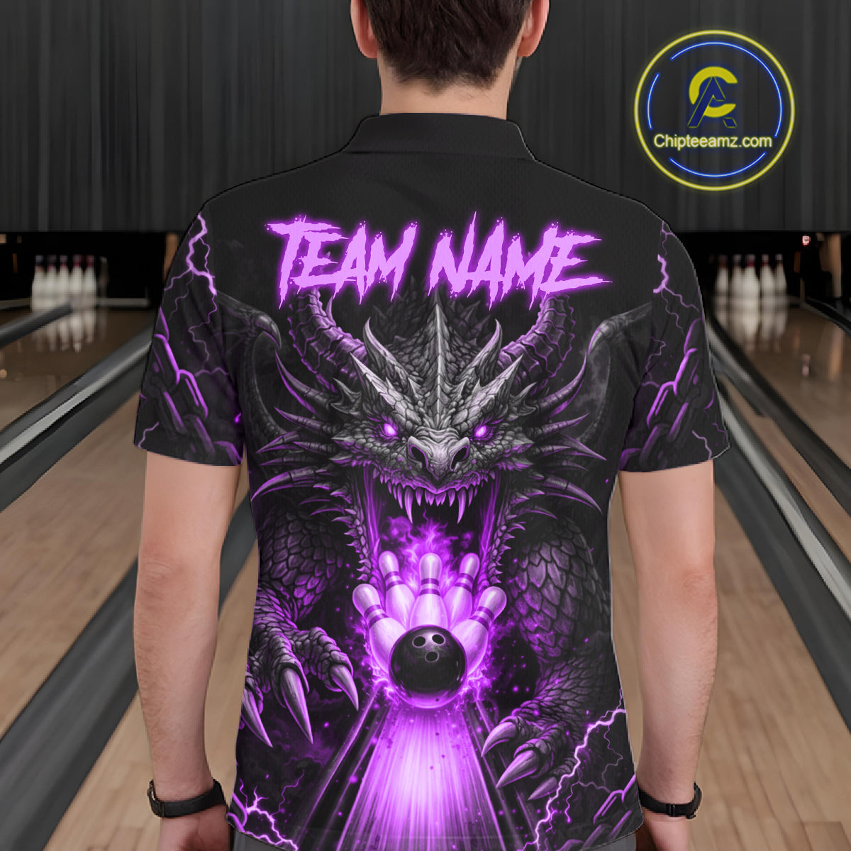 Personalized Dragon Bowling Jersey Custom Purple Flame Bowling Team Shirt Polo & 1/4 Zip