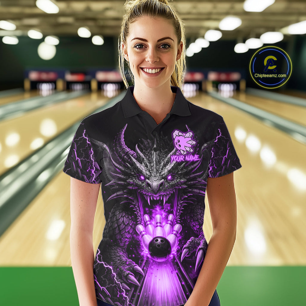 Personalized Dragon Bowling Jersey Custom Purple Flame Bowling Team Shirt Polo & 1/4 Zip
