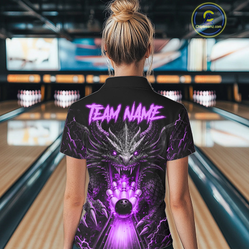 Personalized Dragon Bowling Jersey Custom Purple Flame Bowling Team Shirt Polo & 1/4 Zip