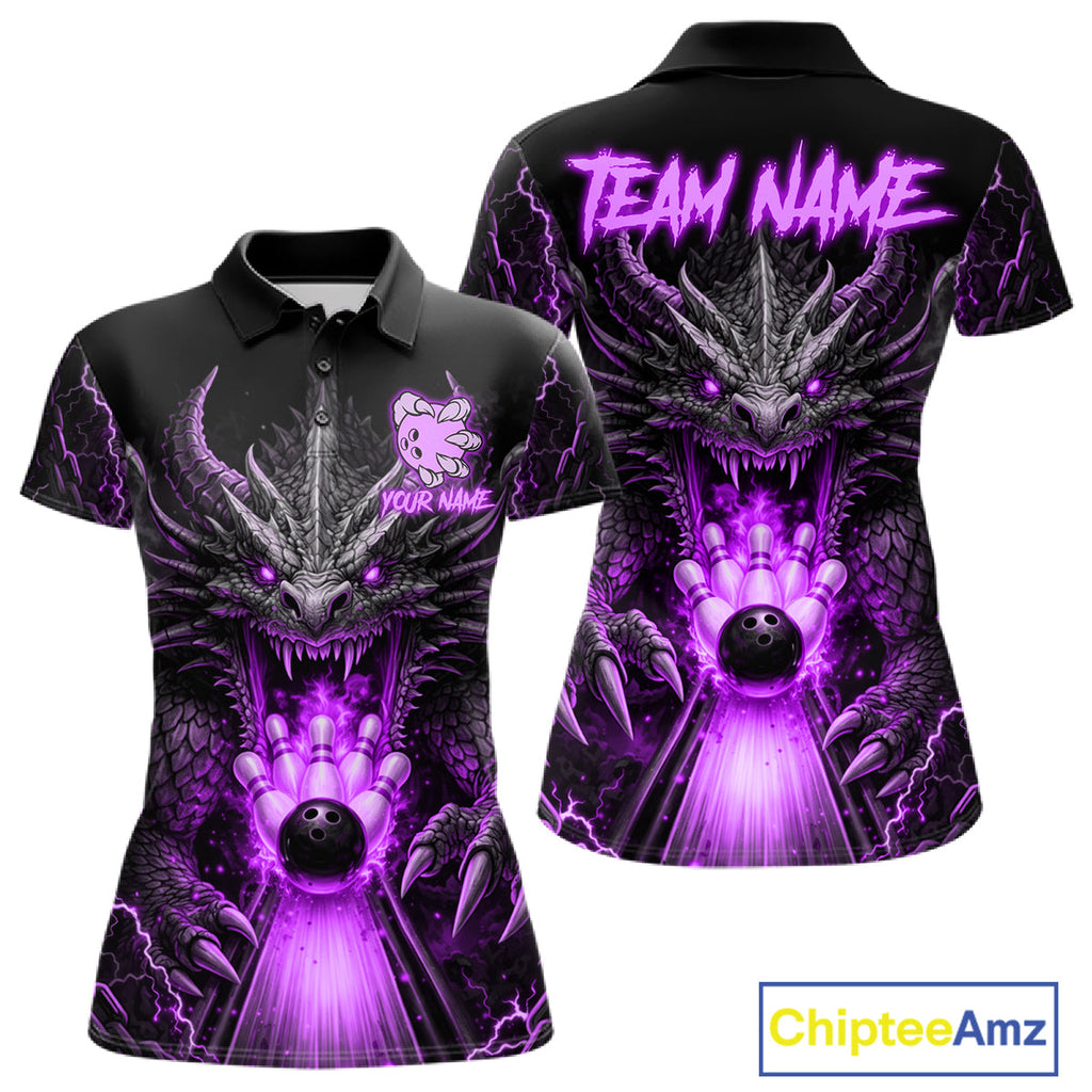 Personalized Dragon Bowling Jersey Custom Purple Flame Bowling Team Shirt Polo & 1/4 Zip