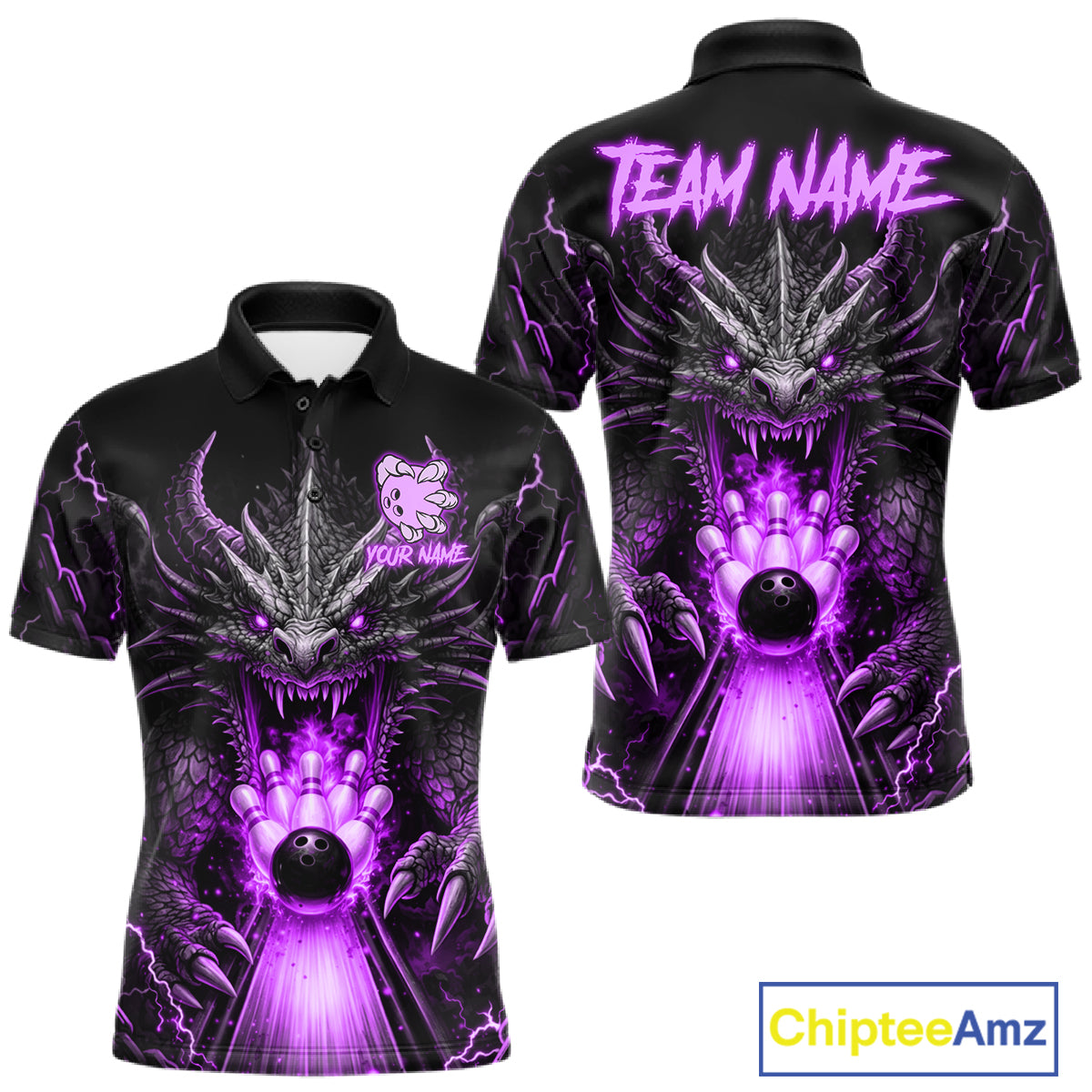 Personalized Dragon Bowling Jersey Custom Purple Flame Bowling Team Shirt Polo & 1/4 Zip