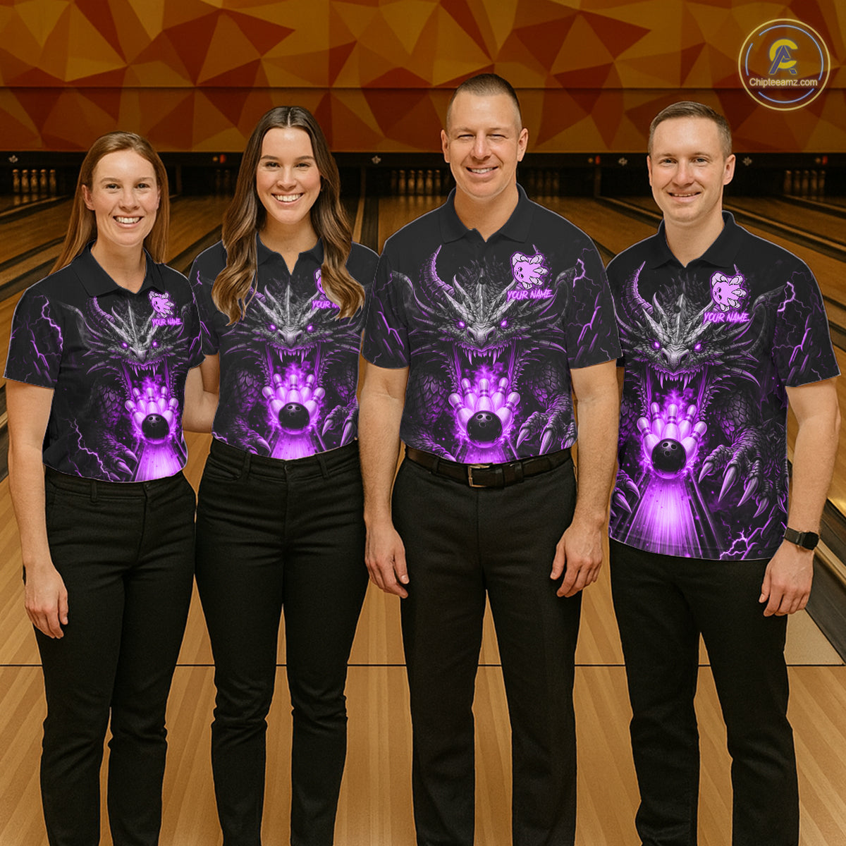 Personalized Dragon Bowling Jersey Custom Purple Flame Bowling Team Shirt Polo & 1/4 Zip