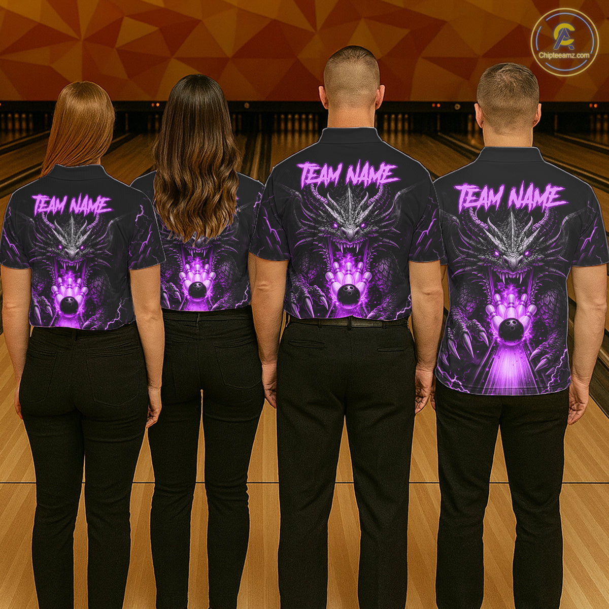 Personalized Dragon Bowling Jersey Custom Purple Flame Bowling Team Shirt Polo & 1/4 Zip
