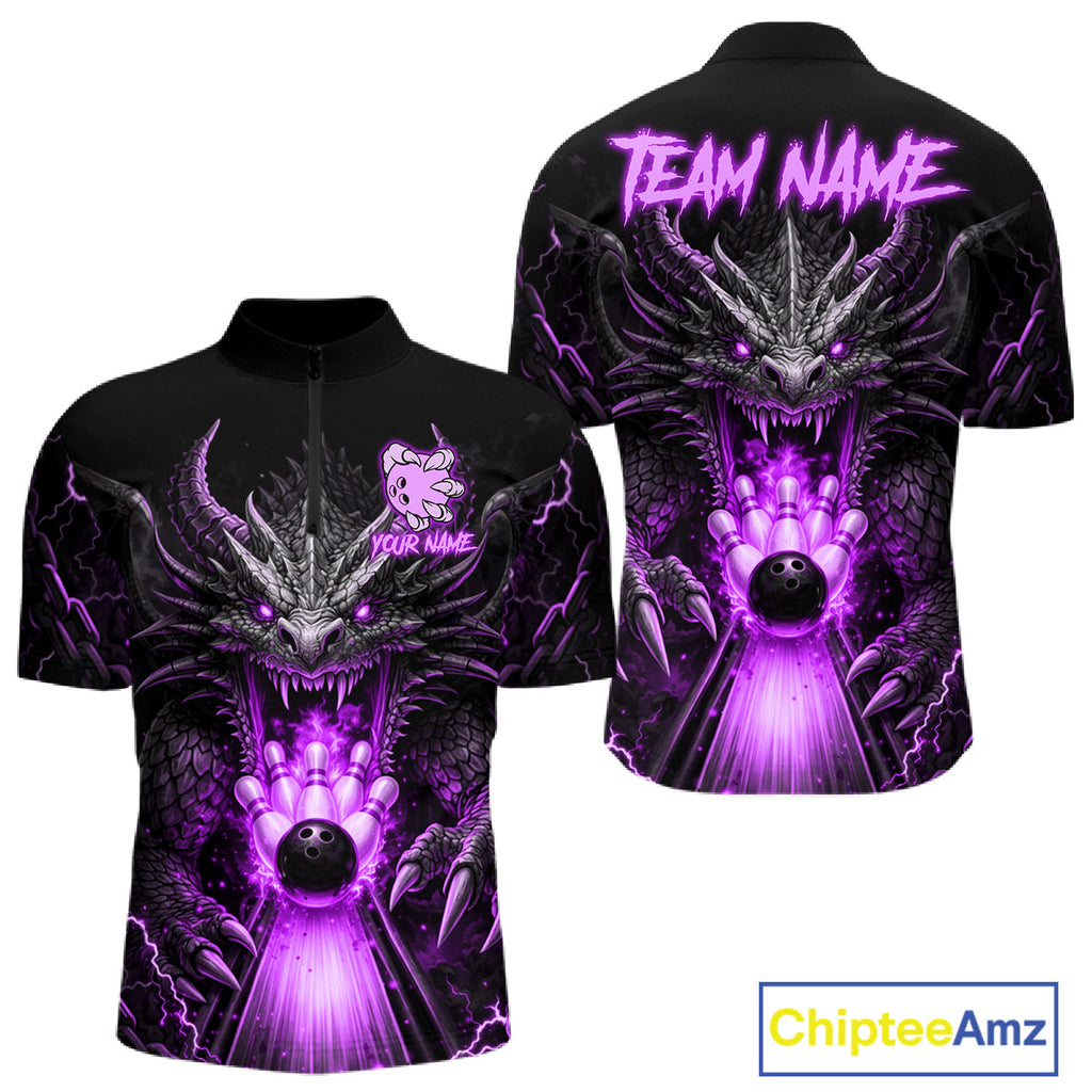 Personalized Dragon Bowling Jersey Custom Purple Flame Bowling Team Shirt Polo & 1/4 Zip