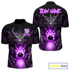 Personalized Dragon Bowling Jersey Custom Purple Flame Bowling Team Shirt Polo & 1/4 Zip