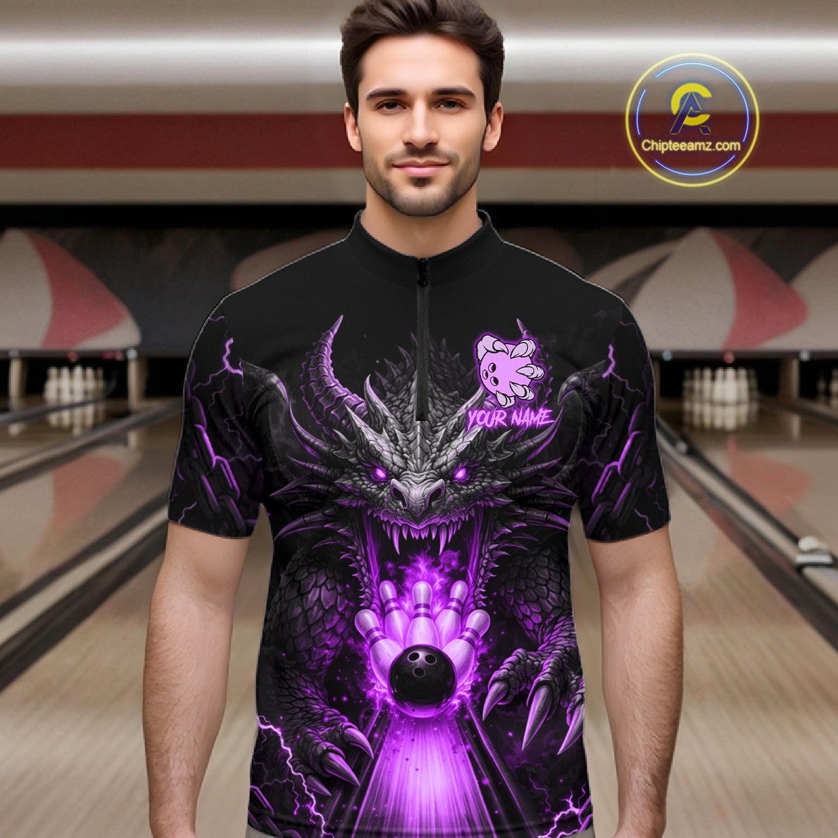 Personalized Dragon Bowling Jersey Custom Purple Flame Bowling Team Shirt Polo & 1/4 Zip
