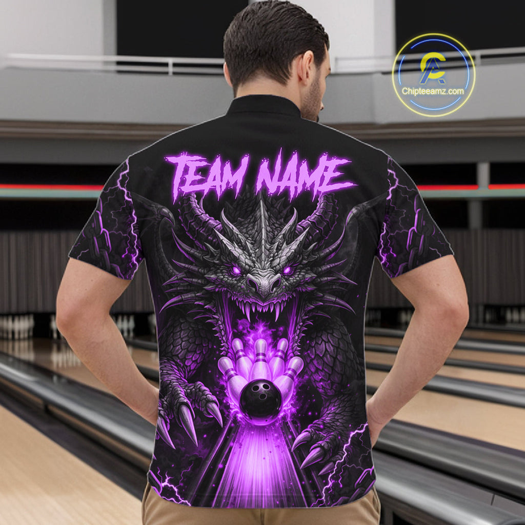 Personalized Dragon Bowling Jersey Custom Purple Flame Bowling Team Shirt Polo & 1/4 Zip