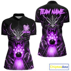 Personalized Dragon Bowling Jersey Custom Purple Flame Bowling Team Shirt Polo & 1/4 Zip