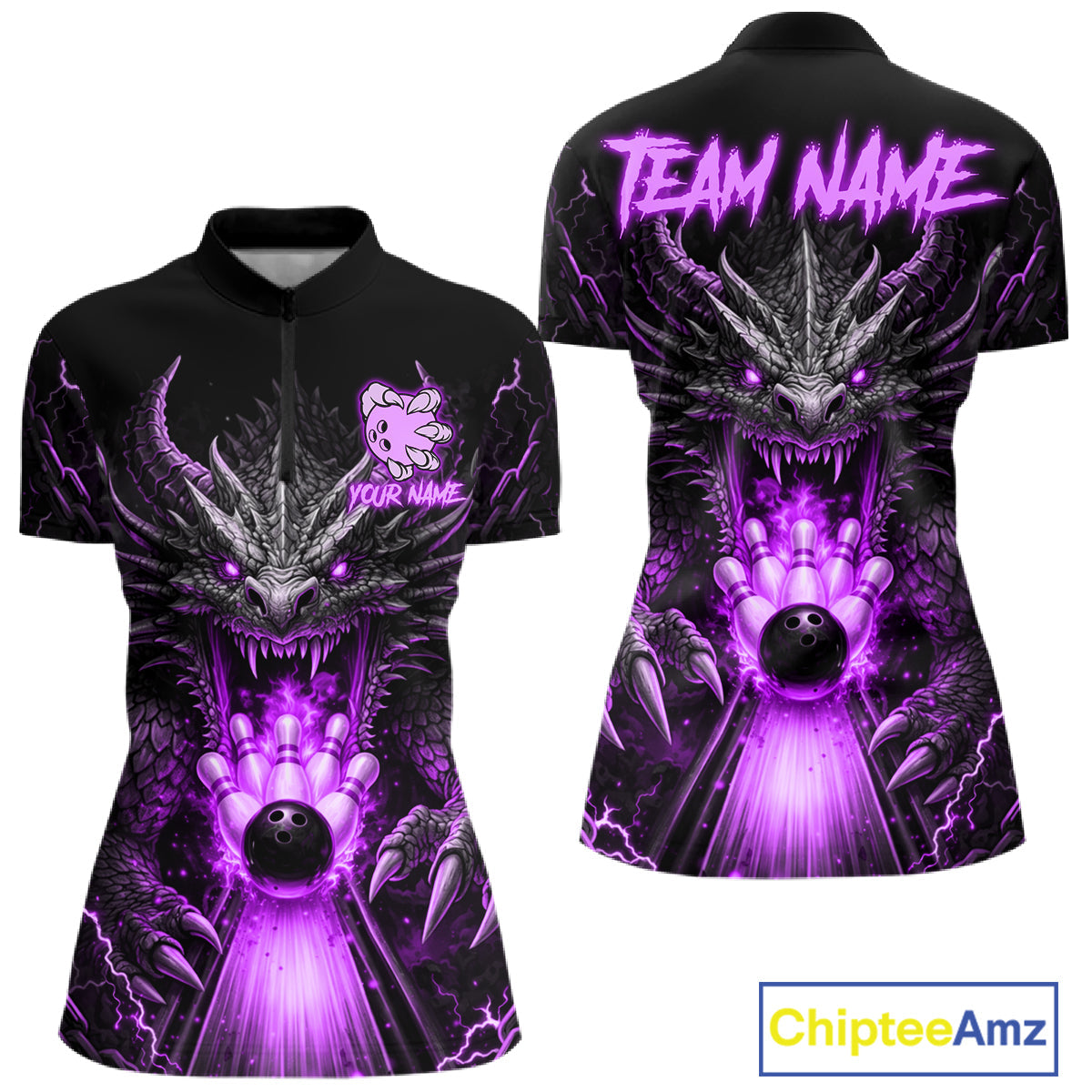 Personalized Dragon Bowling Jersey Custom Purple Flame Bowling Team Shirt Polo & 1/4 Zip