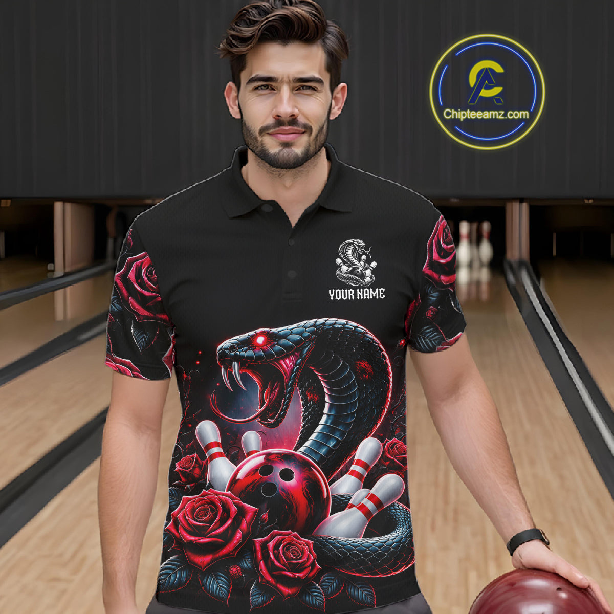 Personalized Cobra Snake And Roses Bowling Shirt, Bowling League Team Jersey Polo, 1/4 Zip