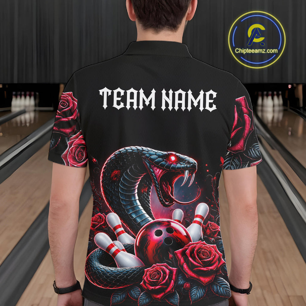 Personalized Cobra Snake And Roses Bowling Shirt, Bowling League Team Jersey Polo, 1/4 Zip