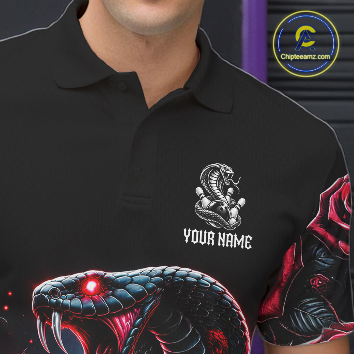 Personalized Cobra Snake And Roses Bowling Shirt, Bowling League Team Jersey Polo, 1/4 Zip