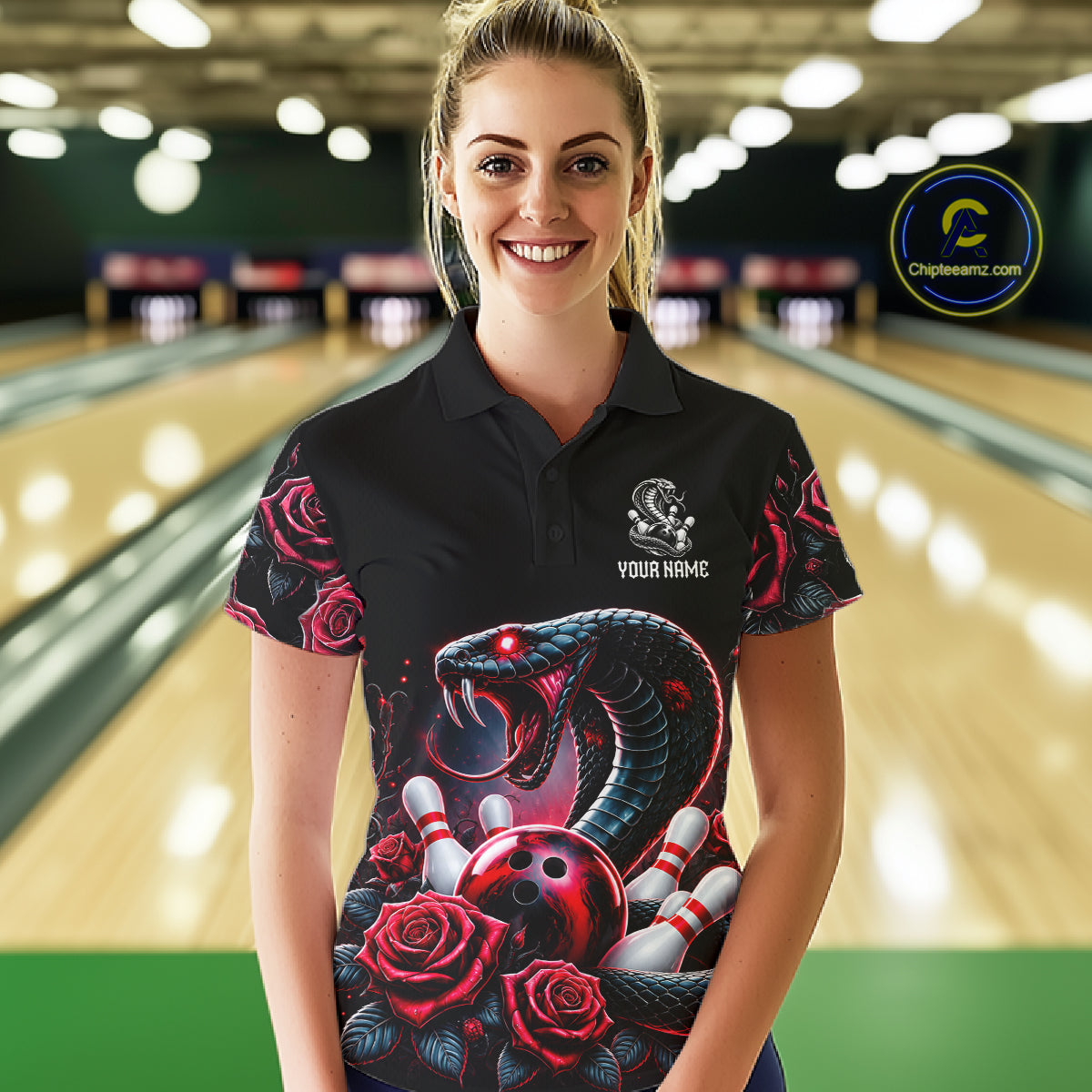 Personalized Cobra Snake And Roses Bowling Shirt, Bowling League Team Jersey Polo, 1/4 Zip