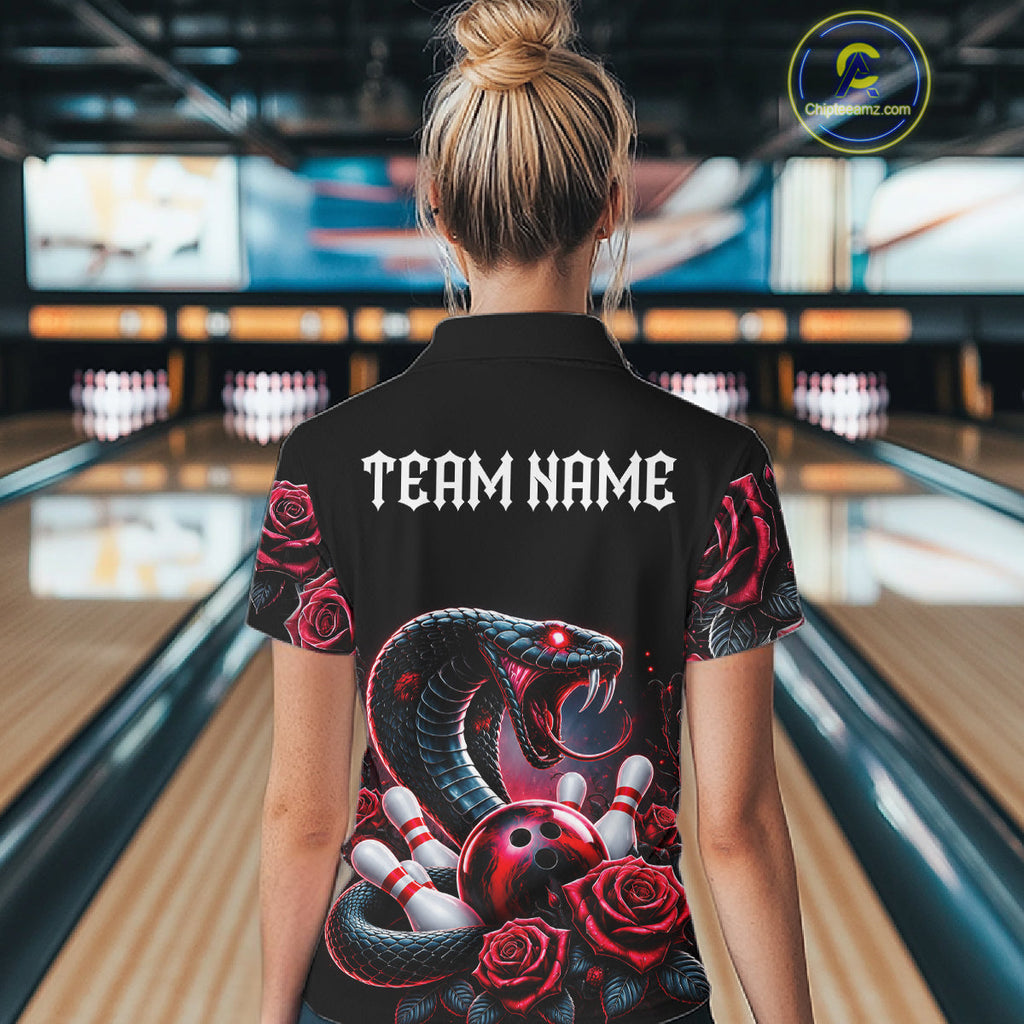 Personalized Cobra Snake And Roses Bowling Shirt, Bowling League Team Jersey Polo, 1/4 Zip