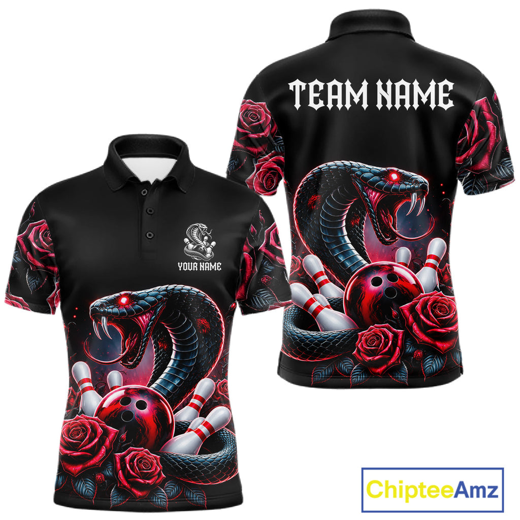 Personalized Cobra Snake And Roses Bowling Shirt, Bowling League Team Jersey Polo, 1/4 Zip