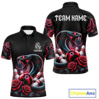 Personalized Cobra Snake And Roses Bowling Shirt, Bowling League Team Jersey Polo, 1/4 Zip