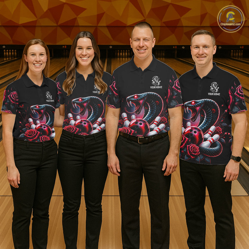 Personalized Cobra Snake And Roses Bowling Shirt, Bowling League Team Jersey Polo, 1/4 Zip