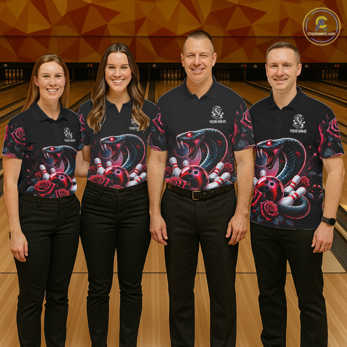 Personalized Cobra Snake And Roses Bowling Shirt, Bowling League Team Jersey Polo, 1/4 Zip