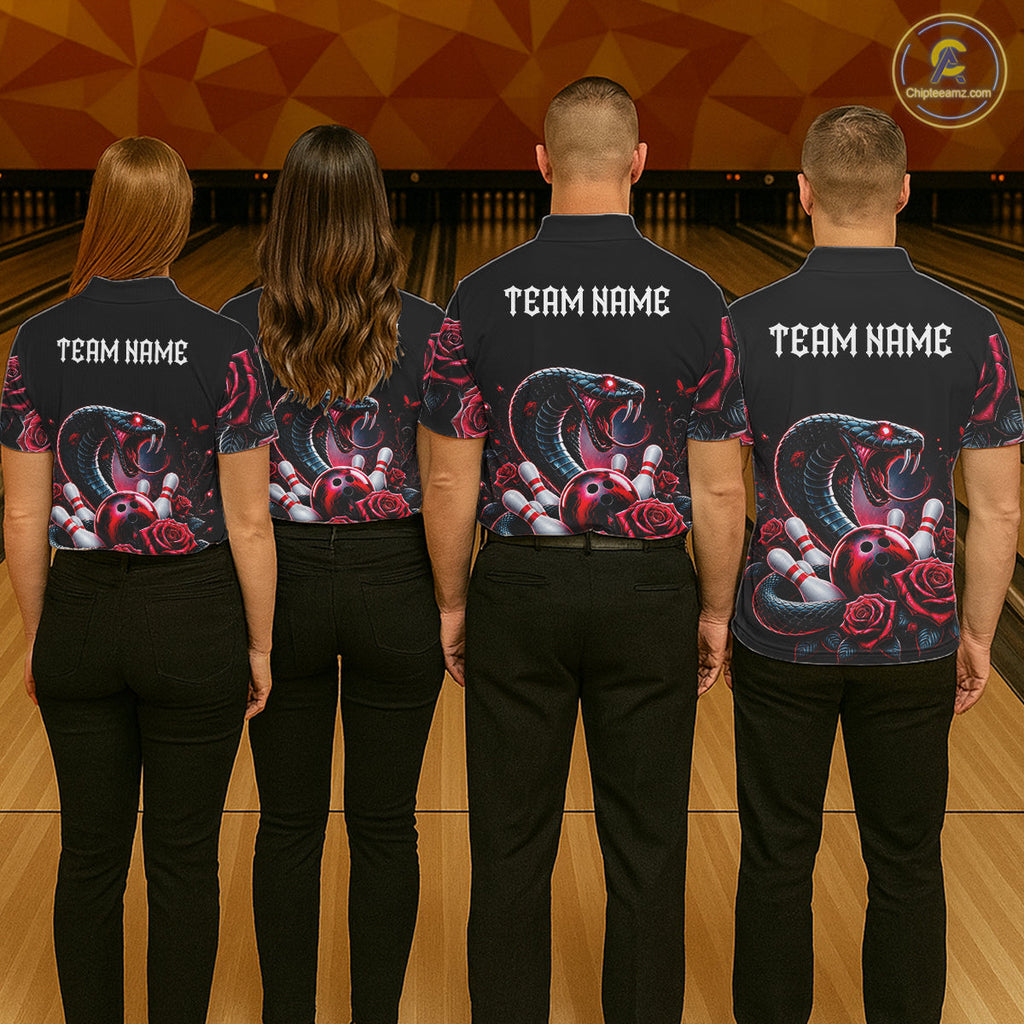 Personalized Cobra Snake And Roses Bowling Shirt, Bowling League Team Jersey Polo, 1/4 Zip