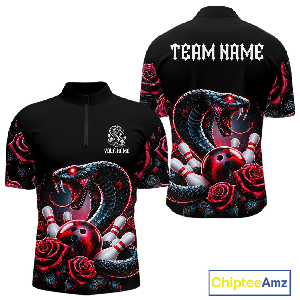 Personalized Cobra Snake And Roses Bowling Shirt, Bowling League Team Jersey Polo, 1/4 Zip