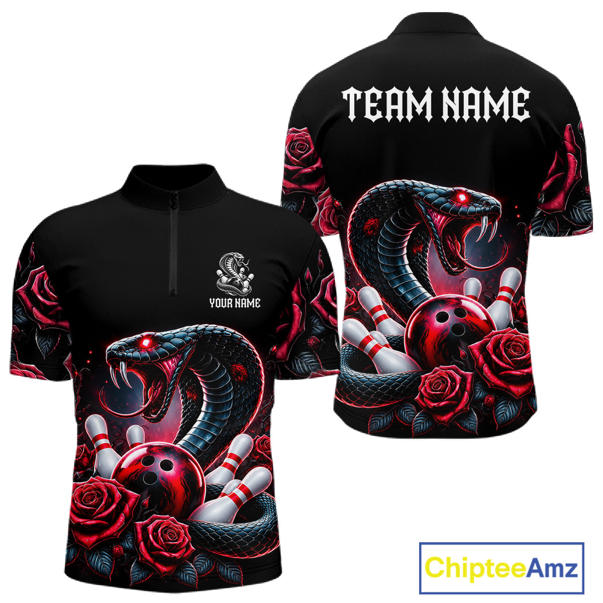 Personalized Cobra Snake And Roses Bowling Shirt, Bowling League Team Jersey Polo, 1/4 Zip