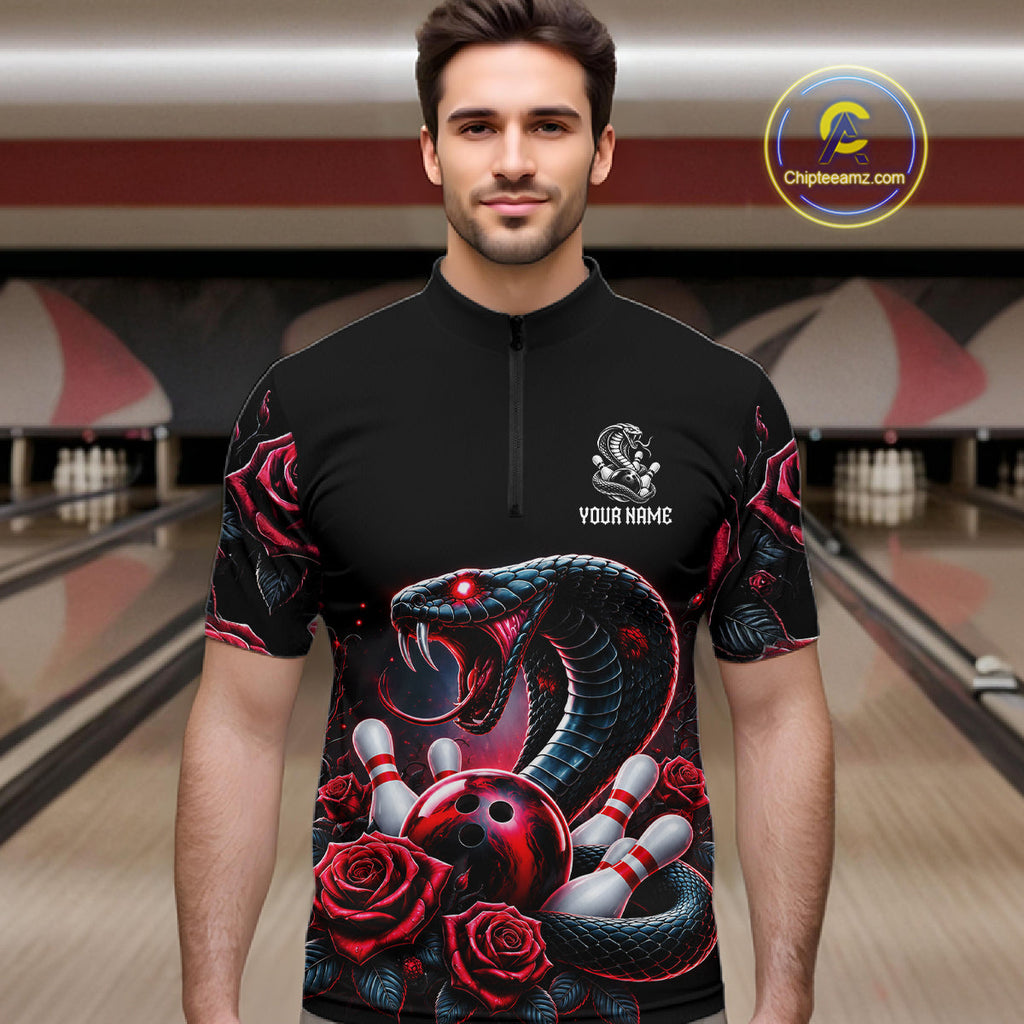 Personalized Cobra Snake And Roses Bowling Shirt, Bowling League Team Jersey Polo, 1/4 Zip