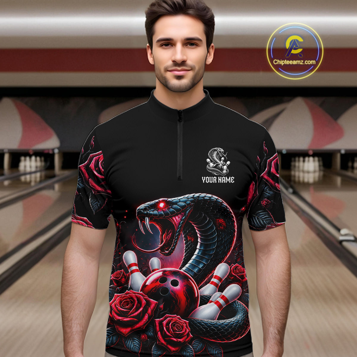 Personalized Cobra Snake And Roses Bowling Shirt, Bowling League Team Jersey Polo, 1/4 Zip