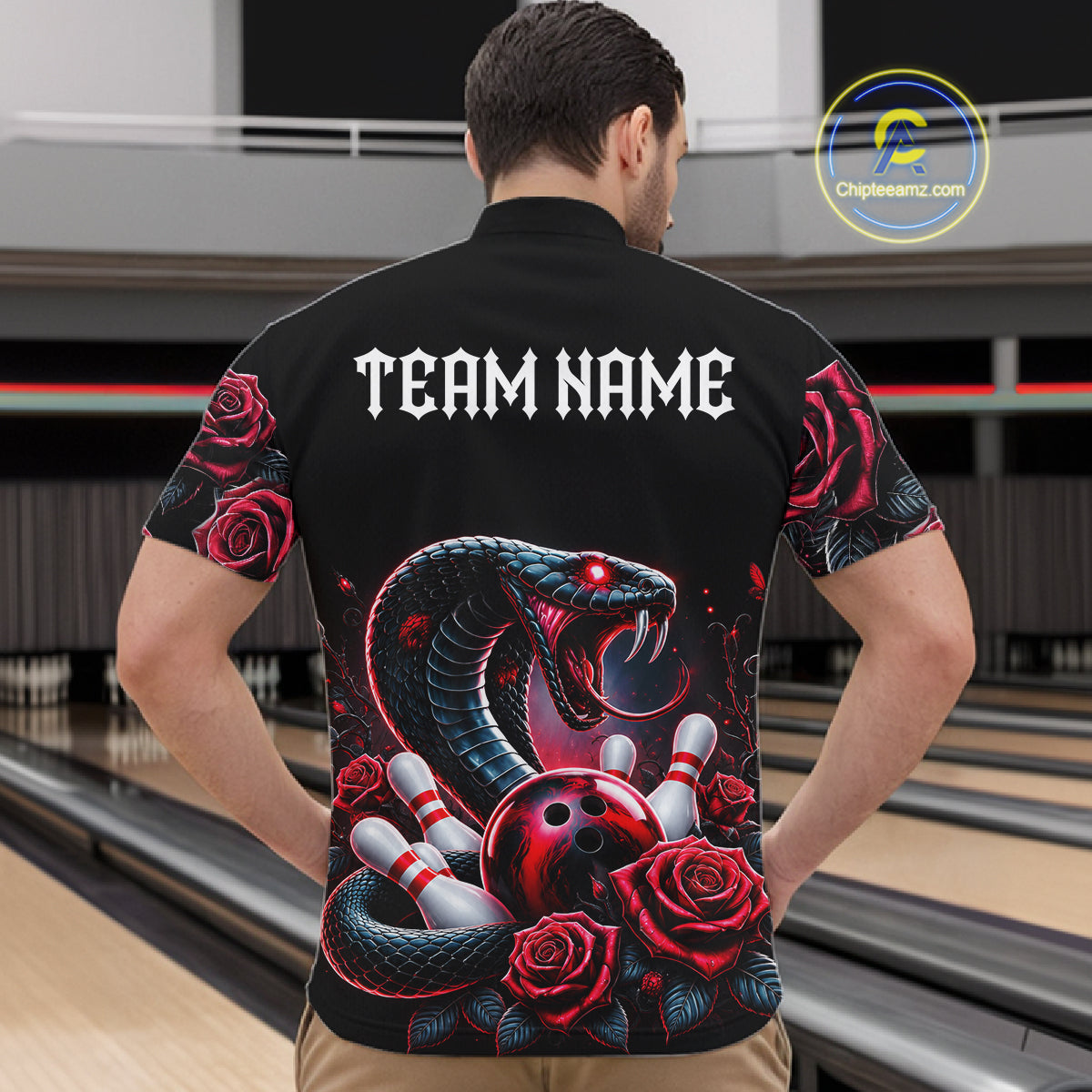 Personalized Cobra Snake And Roses Bowling Shirt, Bowling League Team Jersey Polo, 1/4 Zip