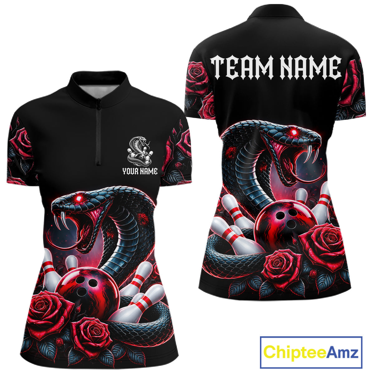 Personalized Cobra Snake And Roses Bowling Shirt, Bowling League Team Jersey Polo, 1/4 Zip