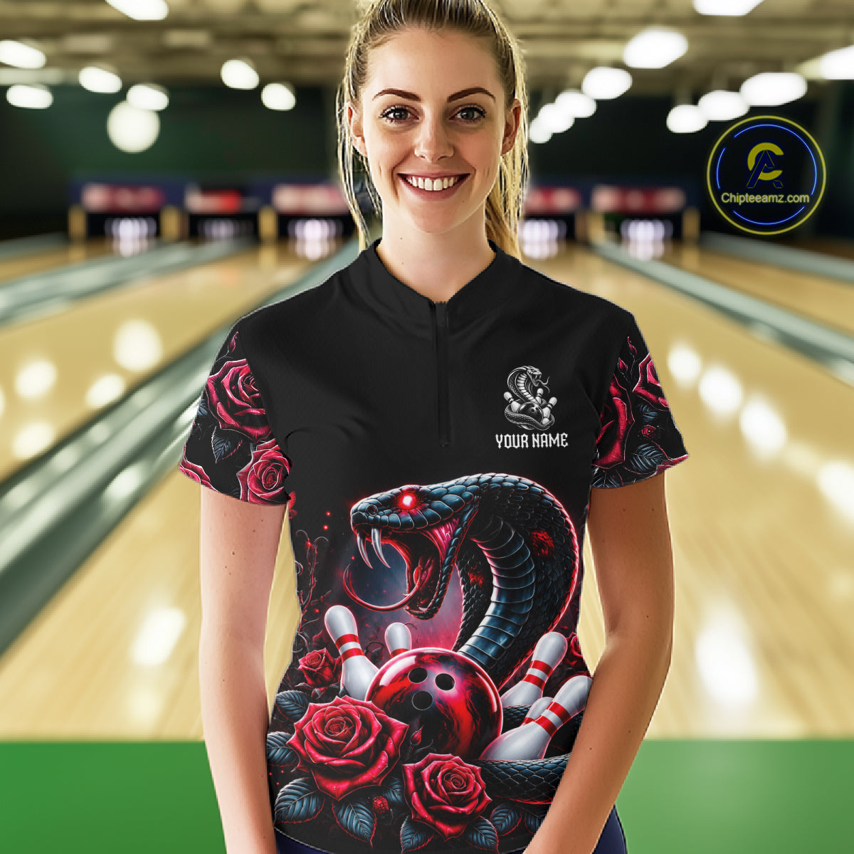 Personalized Cobra Snake And Roses Bowling Shirt, Bowling League Team Jersey Polo, 1/4 Zip