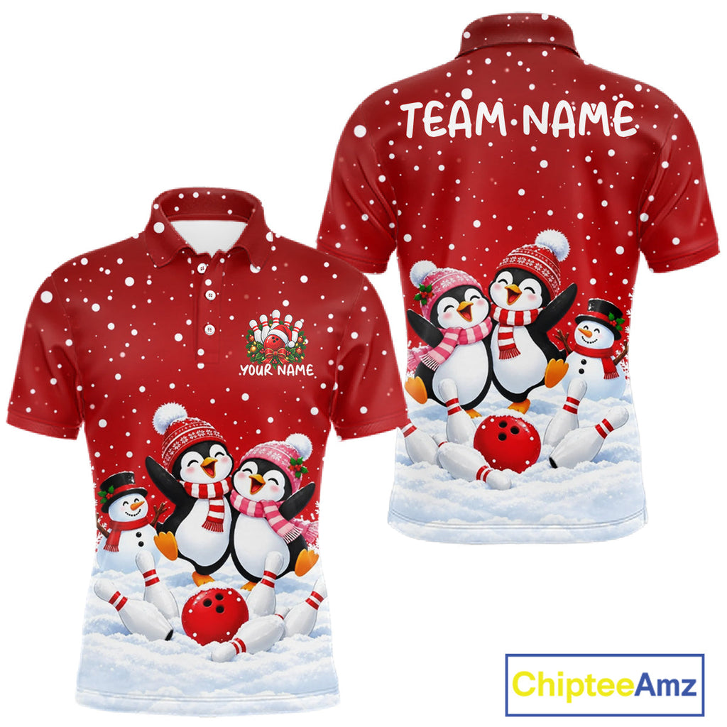 Red Funny Penguins Christmas Bowling Shirts Custom Bowling Team Jersey, Bowling Gifts