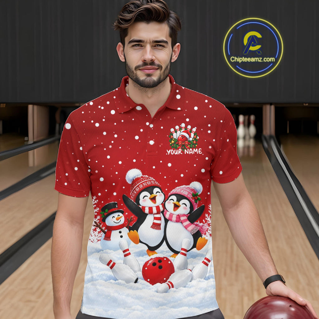 Red Funny Penguins Christmas Bowling Shirts Custom Bowling Team Jersey, Bowling Gifts