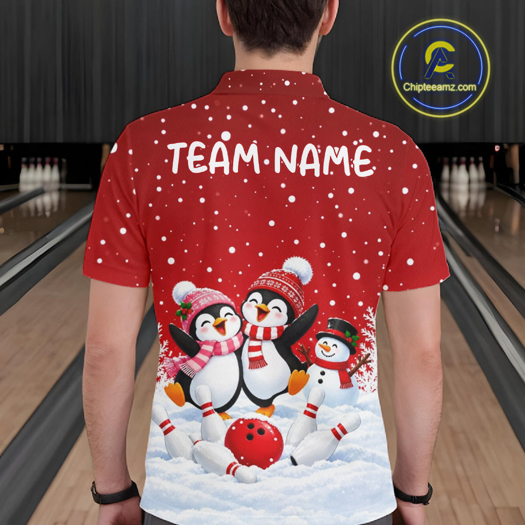 Red Funny Penguins Christmas Bowling Shirts Custom Bowling Team Jersey, Bowling Gifts