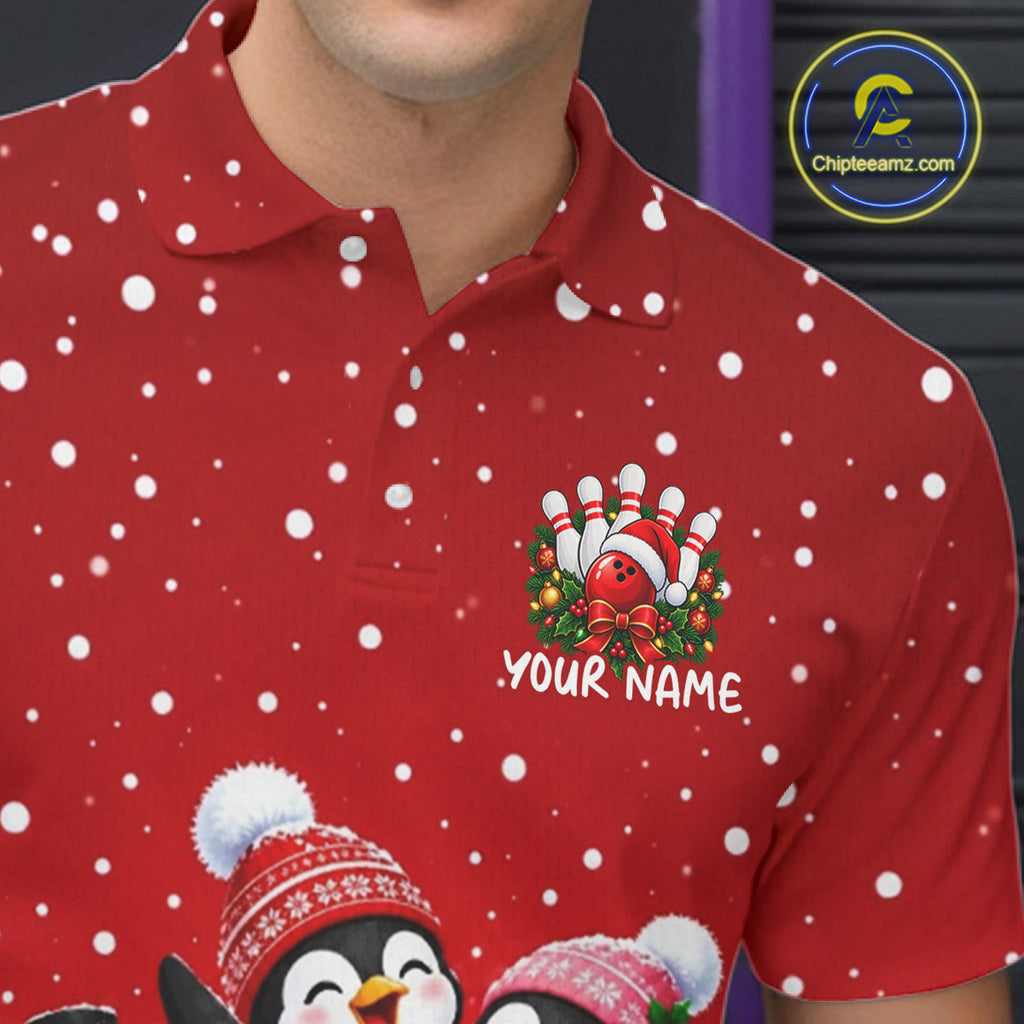 Red Funny Penguins Christmas Bowling Shirts Custom Bowling Team Jersey, Bowling Gifts