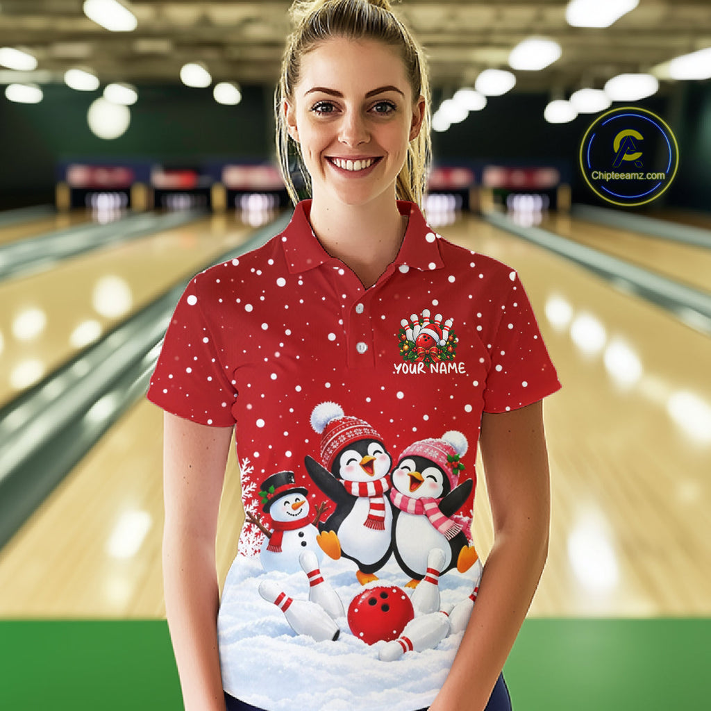 Red Funny Penguins Christmas Bowling Shirts Custom Bowling Team Jersey, Bowling Gifts