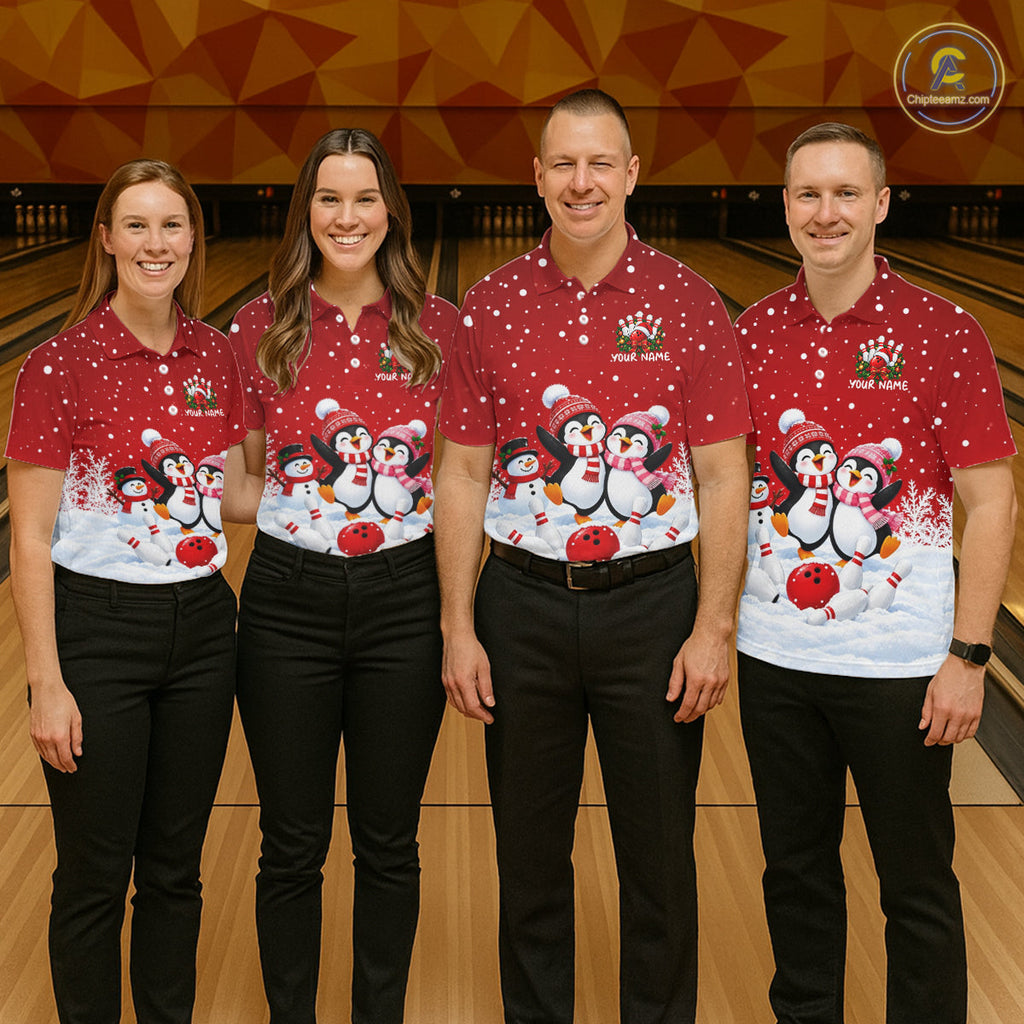 Red Funny Penguins Christmas Bowling Shirts Custom Bowling Team Jersey, Bowling Gifts