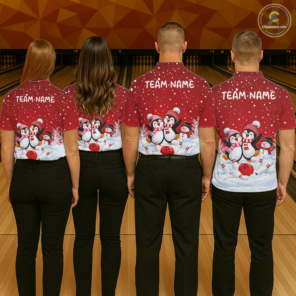 Red Funny Penguins Christmas Bowling Shirts Custom Bowling Team Jersey, Bowling Gifts