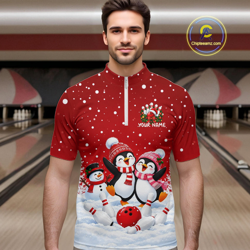 Red Funny Penguins Christmas Bowling Shirts Custom Bowling Team Jersey, Bowling Gifts