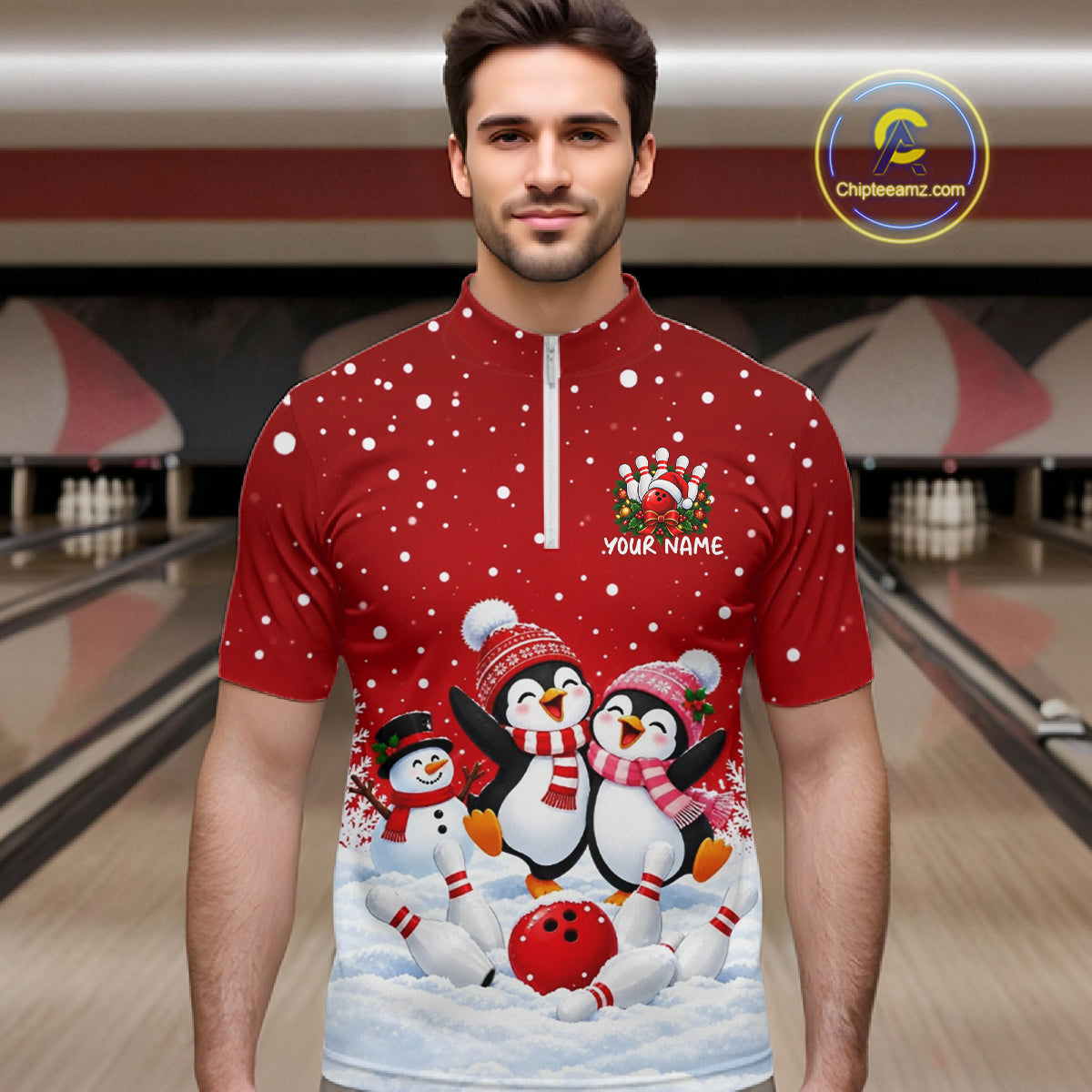 Red Funny Penguins Christmas Bowling Shirts Custom Bowling Team Jersey, Bowling Gifts