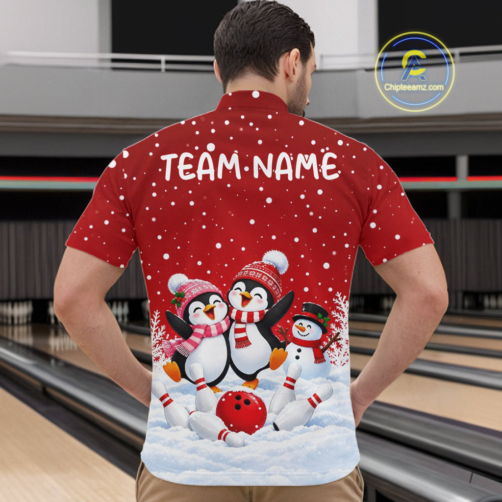 Red Funny Penguins Christmas Bowling Shirts Custom Bowling Team Jersey, Bowling Gifts