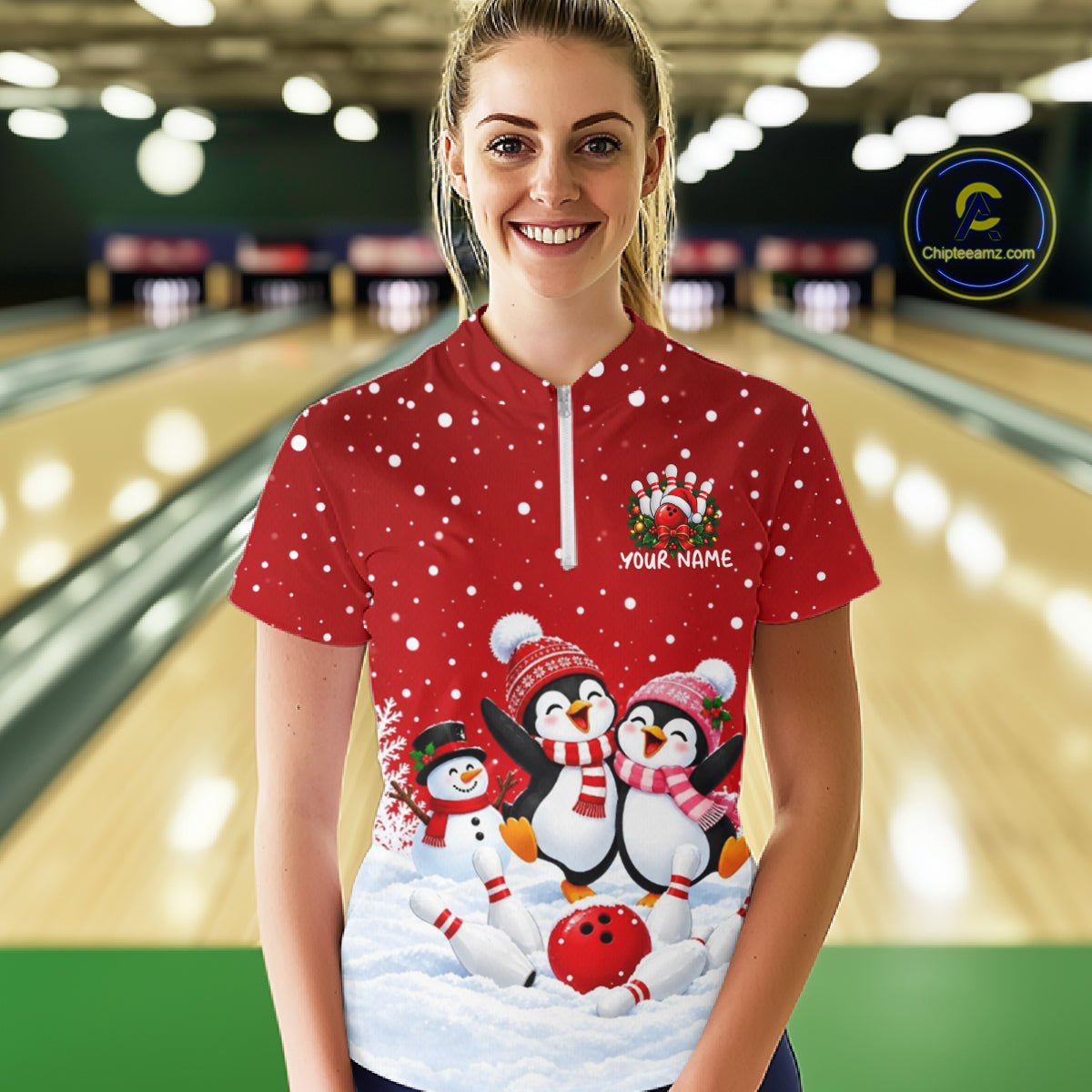 Red Funny Penguins Christmas Bowling Shirts Custom Bowling Team Jersey, Bowling Gifts