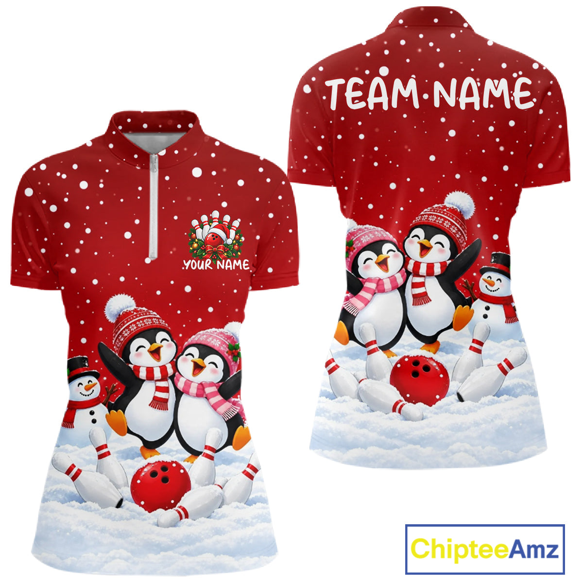 Red Funny Penguins Christmas Bowling Shirts Custom Bowling Team Jersey, Bowling Gifts