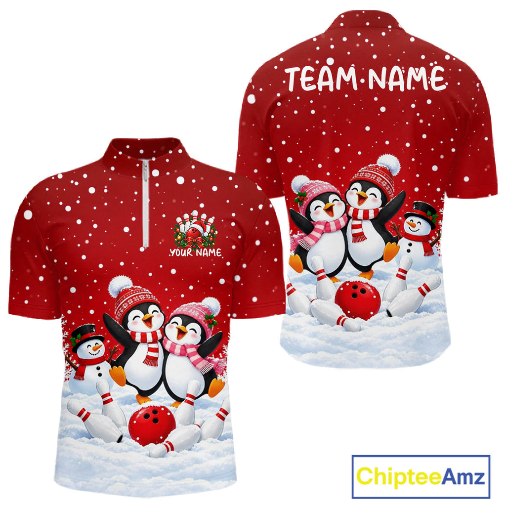 Red Funny Penguins Christmas Bowling Shirts Custom Bowling Team Jersey, Bowling Gifts