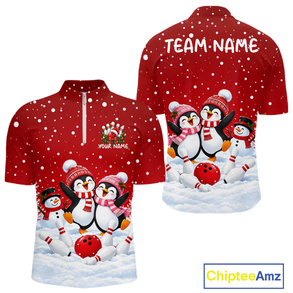 Red Funny Penguins Christmas Bowling Shirts Custom Bowling Team Jersey, Bowling Gifts