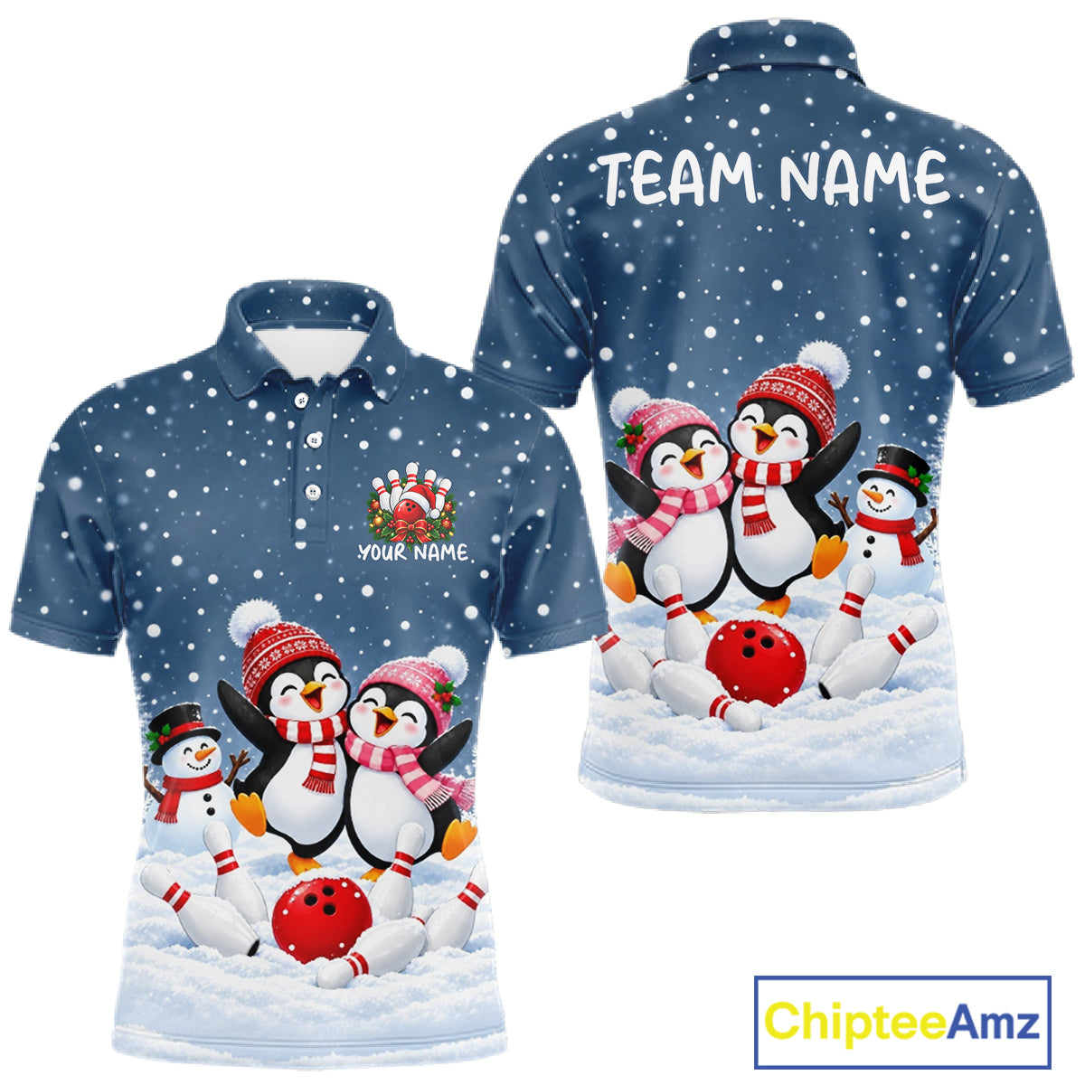 Blue-Grey Funny Penguins Christmas Bowling Shirts Custom Bowling Team Jersey, Bowling Gift